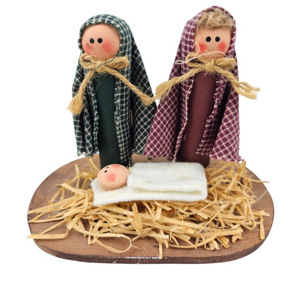 Primitive Wood Nativity Scene Christmas Decor Rustic Folk Art Mary Joseph Baby - Picture 1 of 12